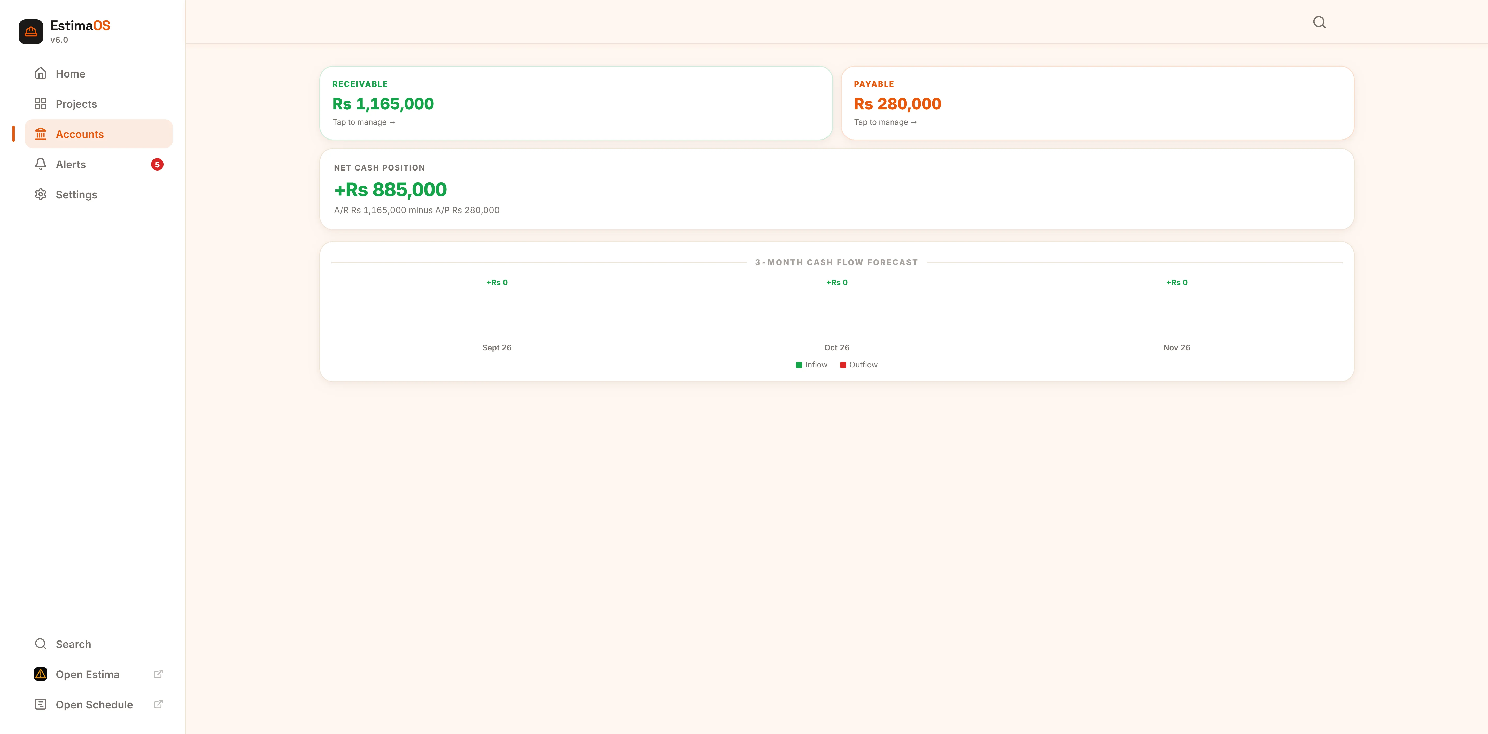 EstimaOS accounts overview with receivable and payable totals