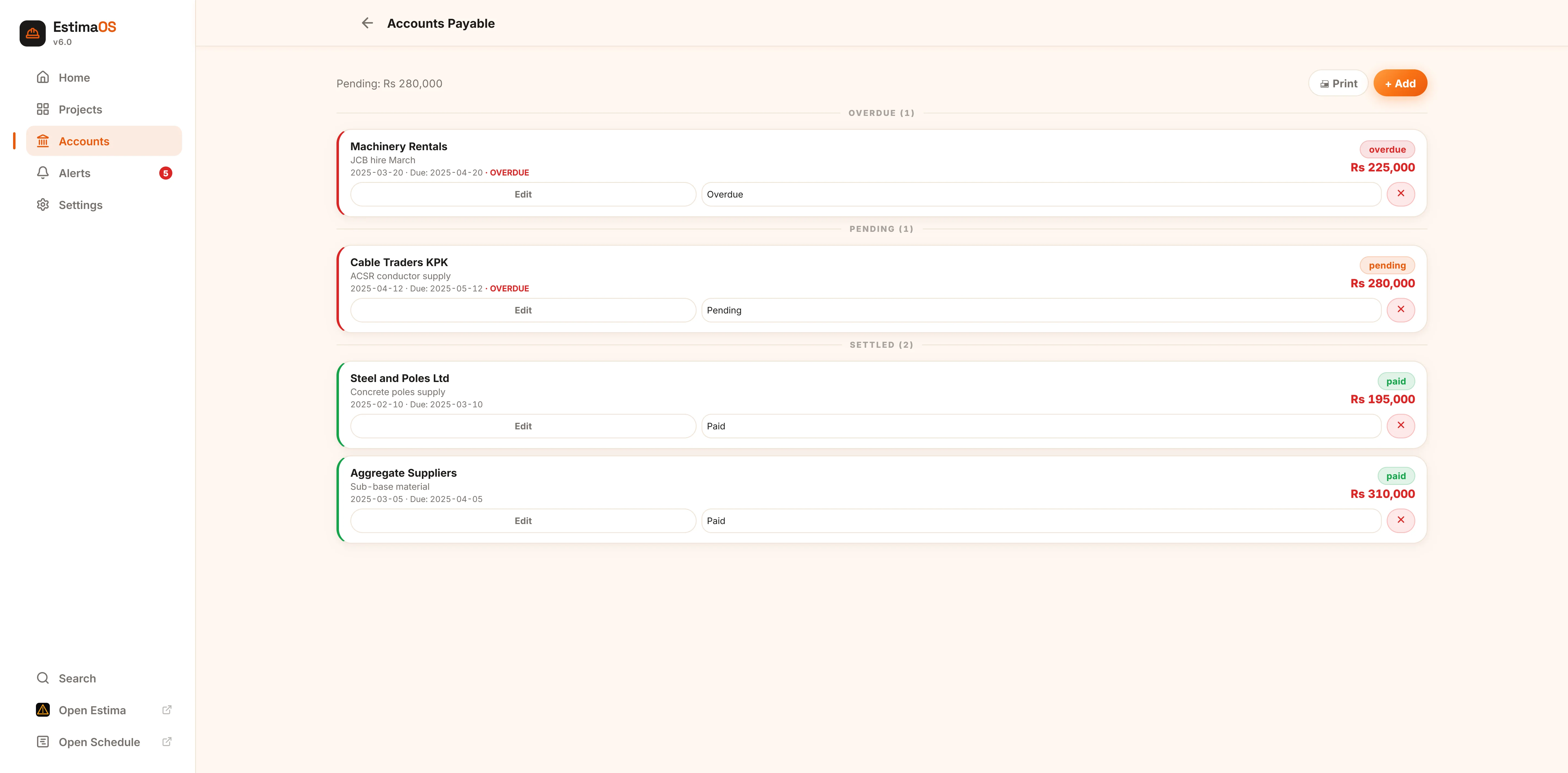EstimaOS accounts payable list