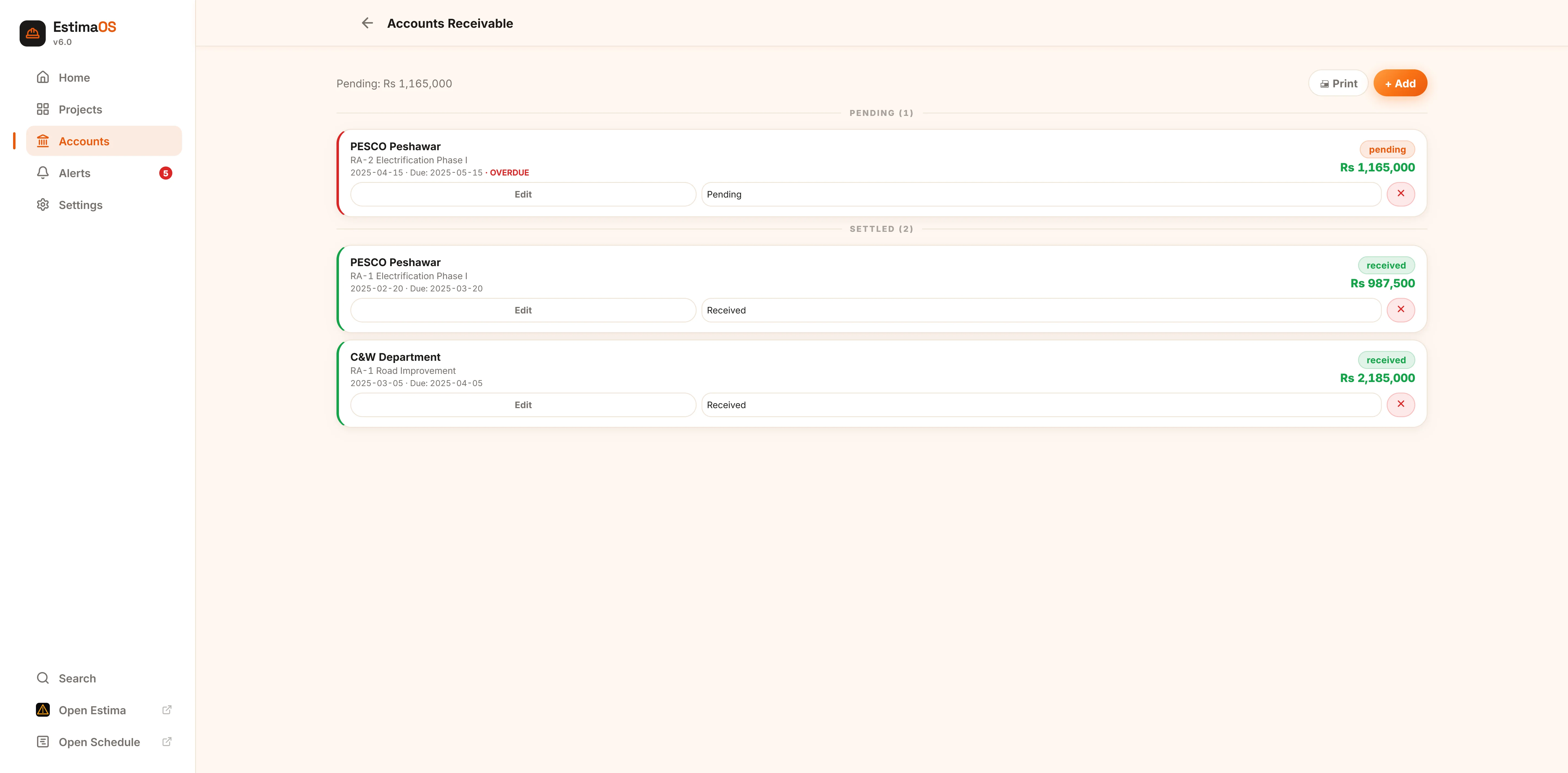 EstimaOS accounts receivable list