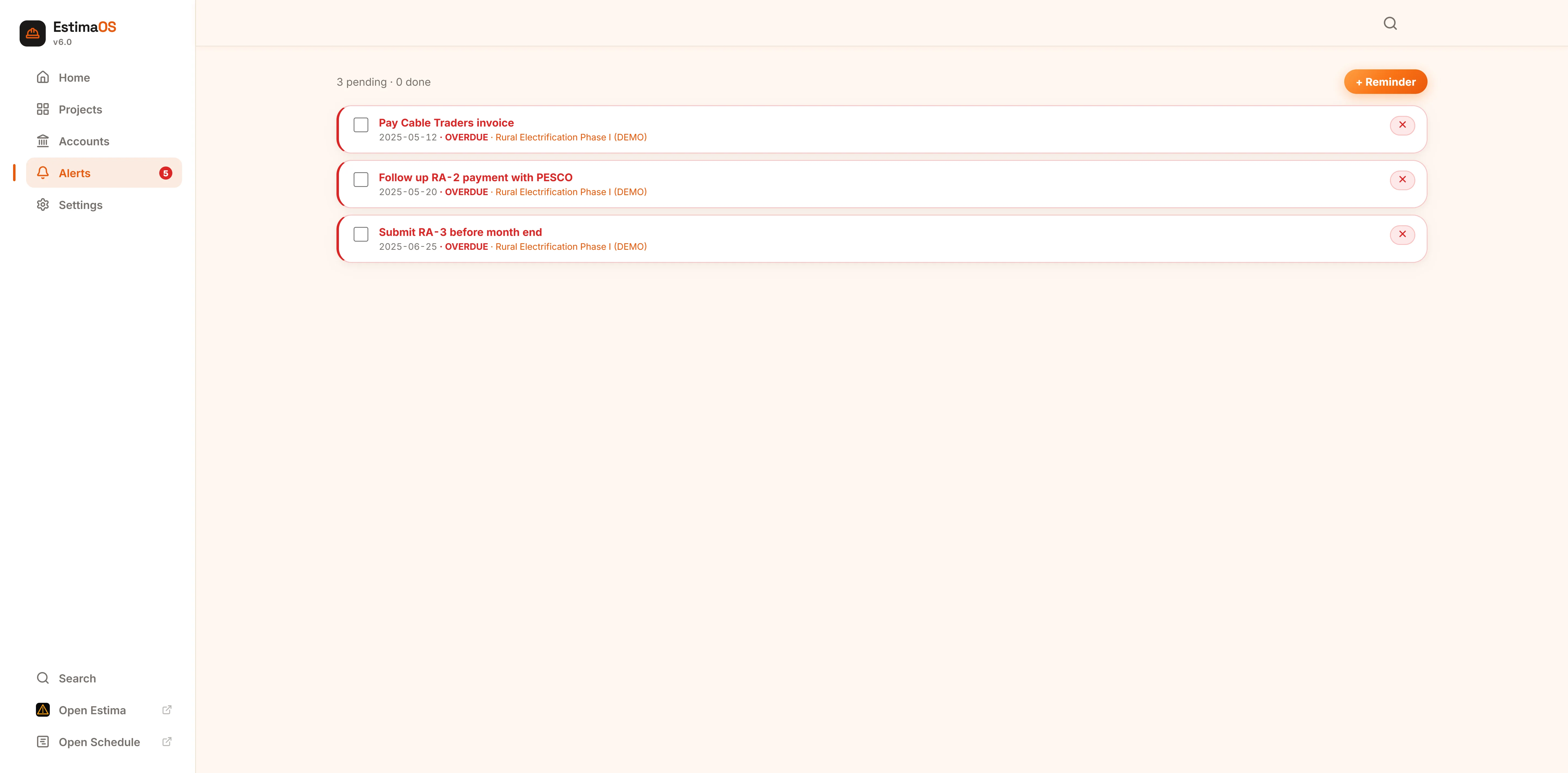 EstimaOS alerts and reminders screen