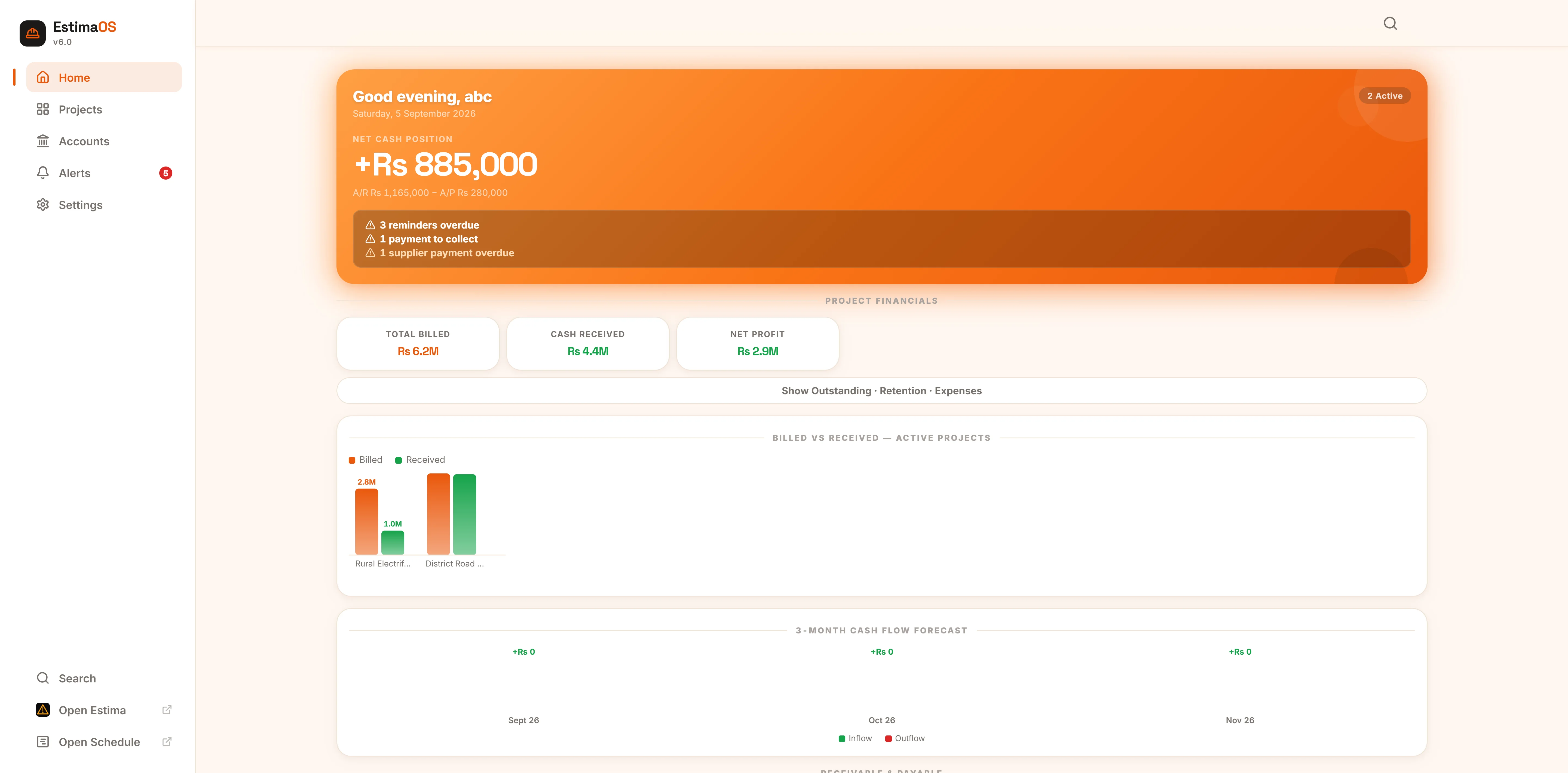 EstimaOS command center dashboard showing net cash position, project financials and active projects