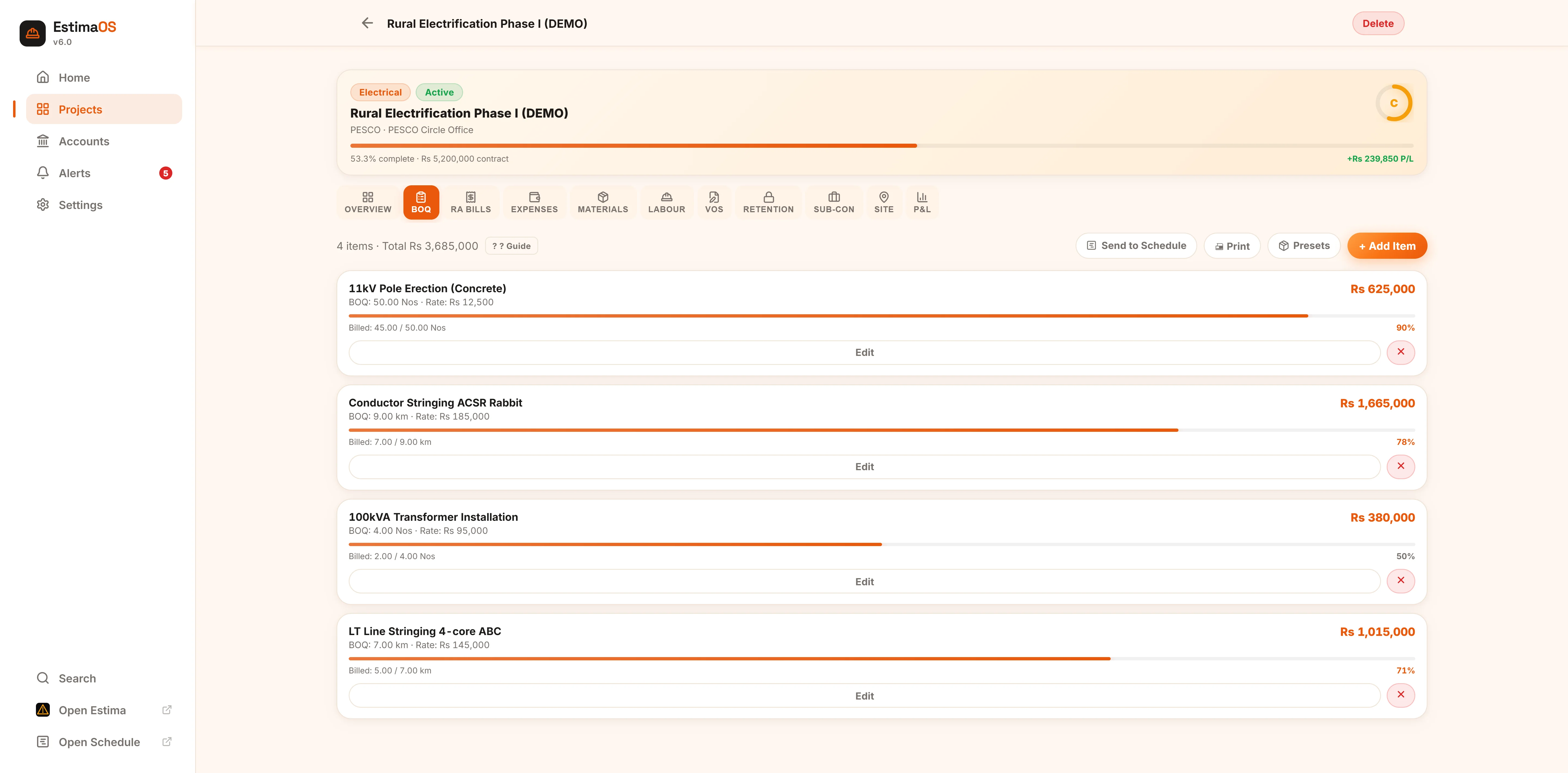 EstimaOS Bill of Quantities screen with unit rates and billed progress