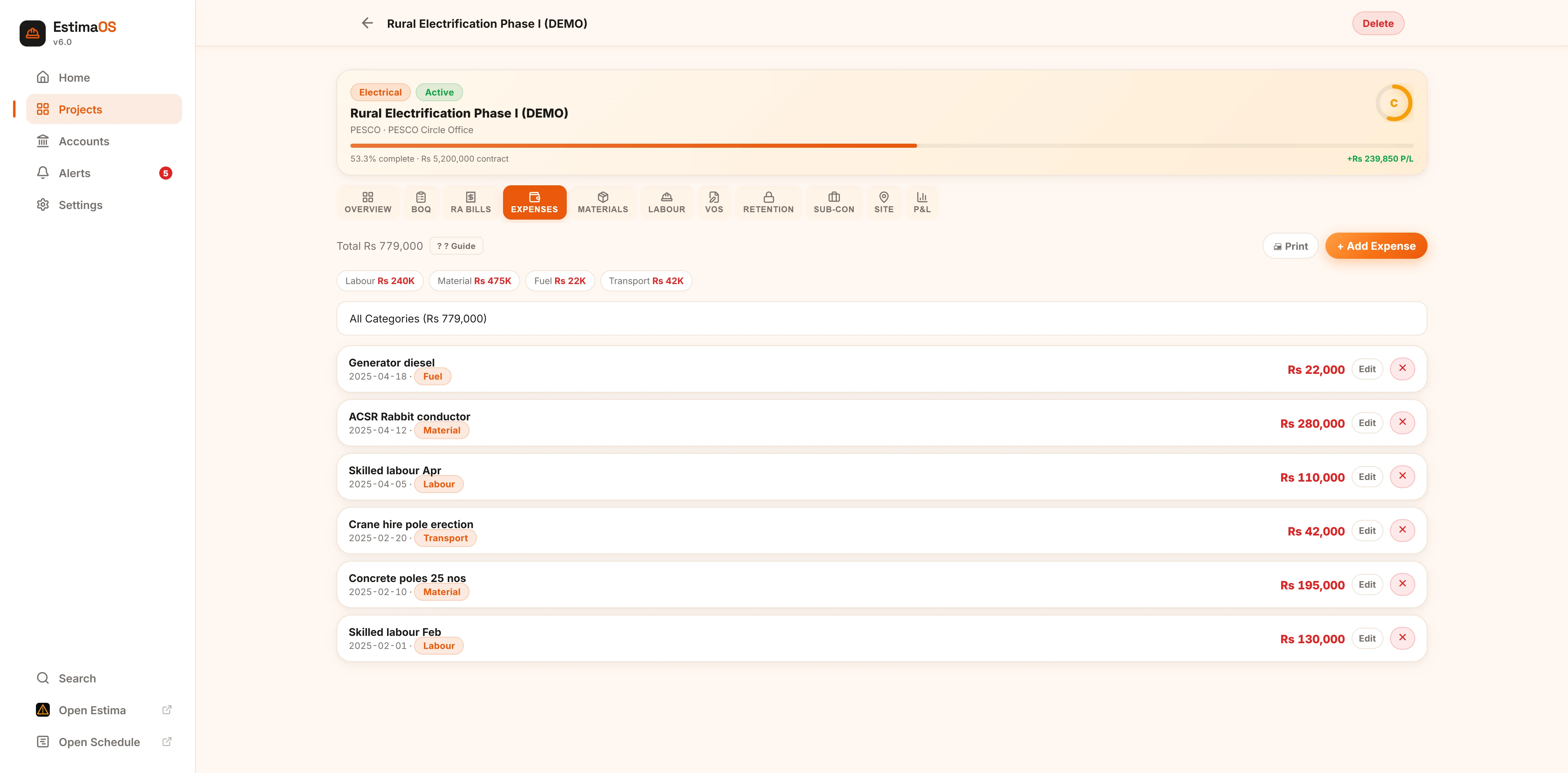 EstimaOS expenses screen with category totals