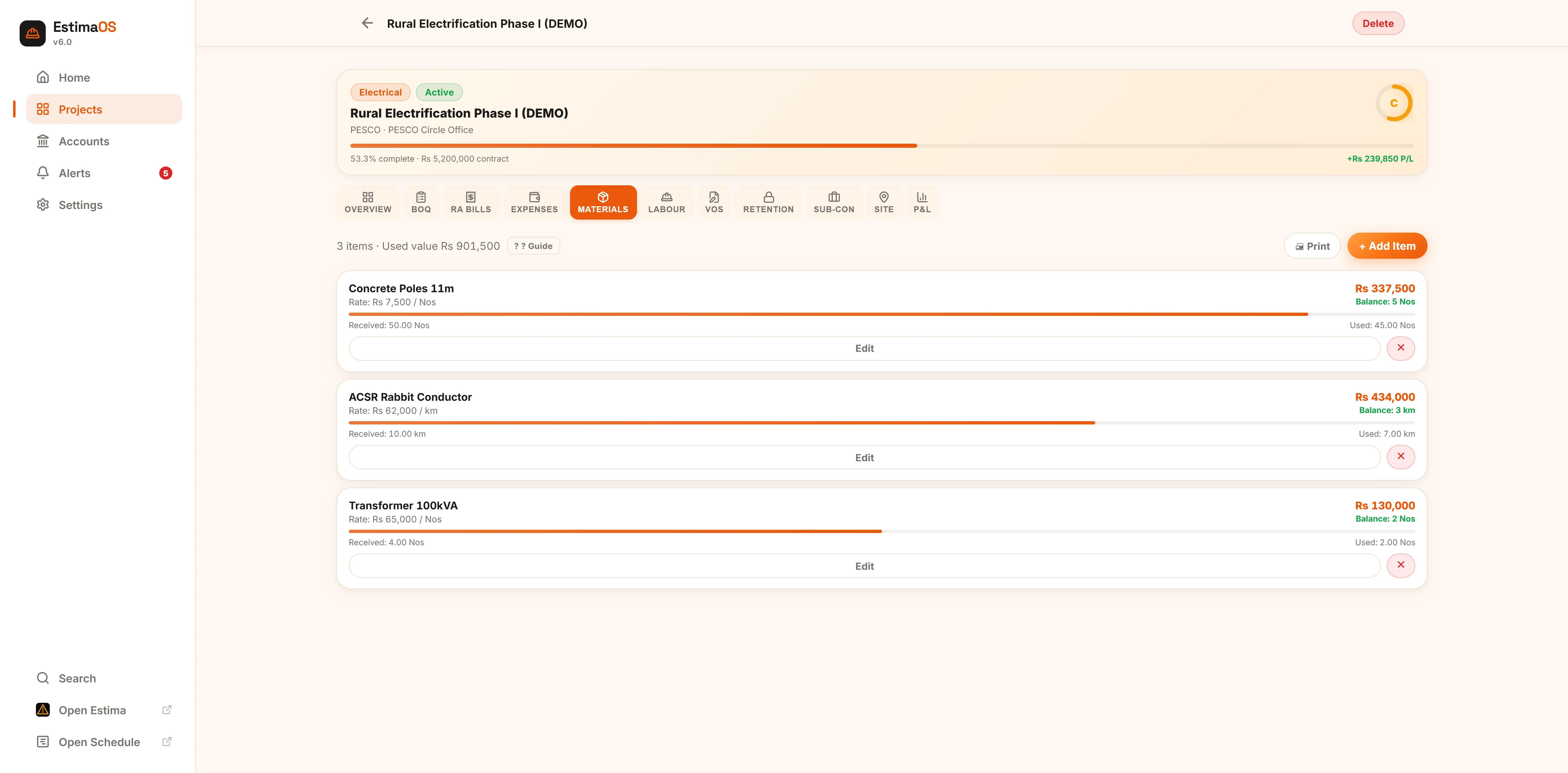 EstimaOS material inventory screen with received, used and balance columns