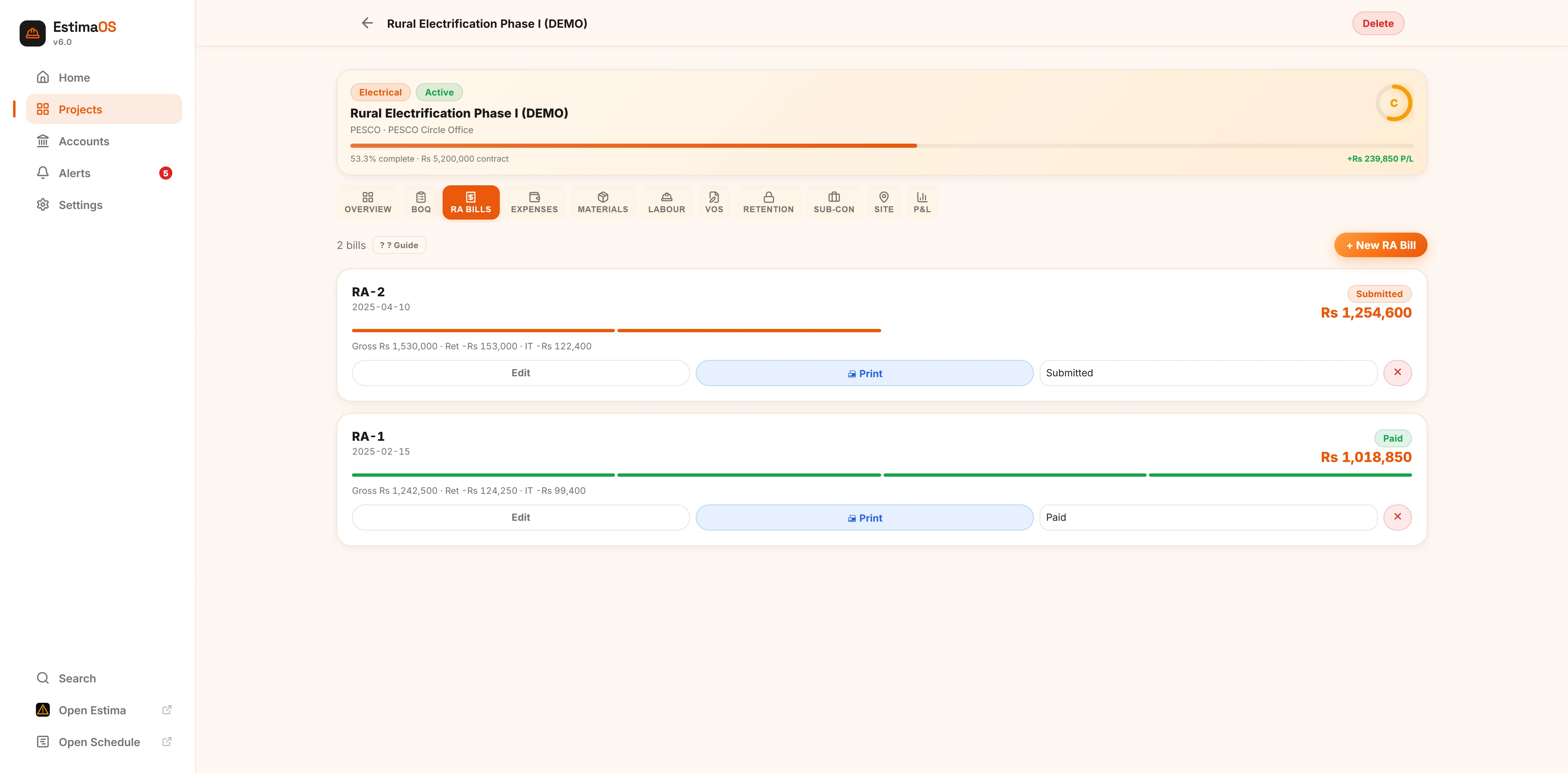 EstimaOS RA Bills screen showing a bill pipeline from draft to paid