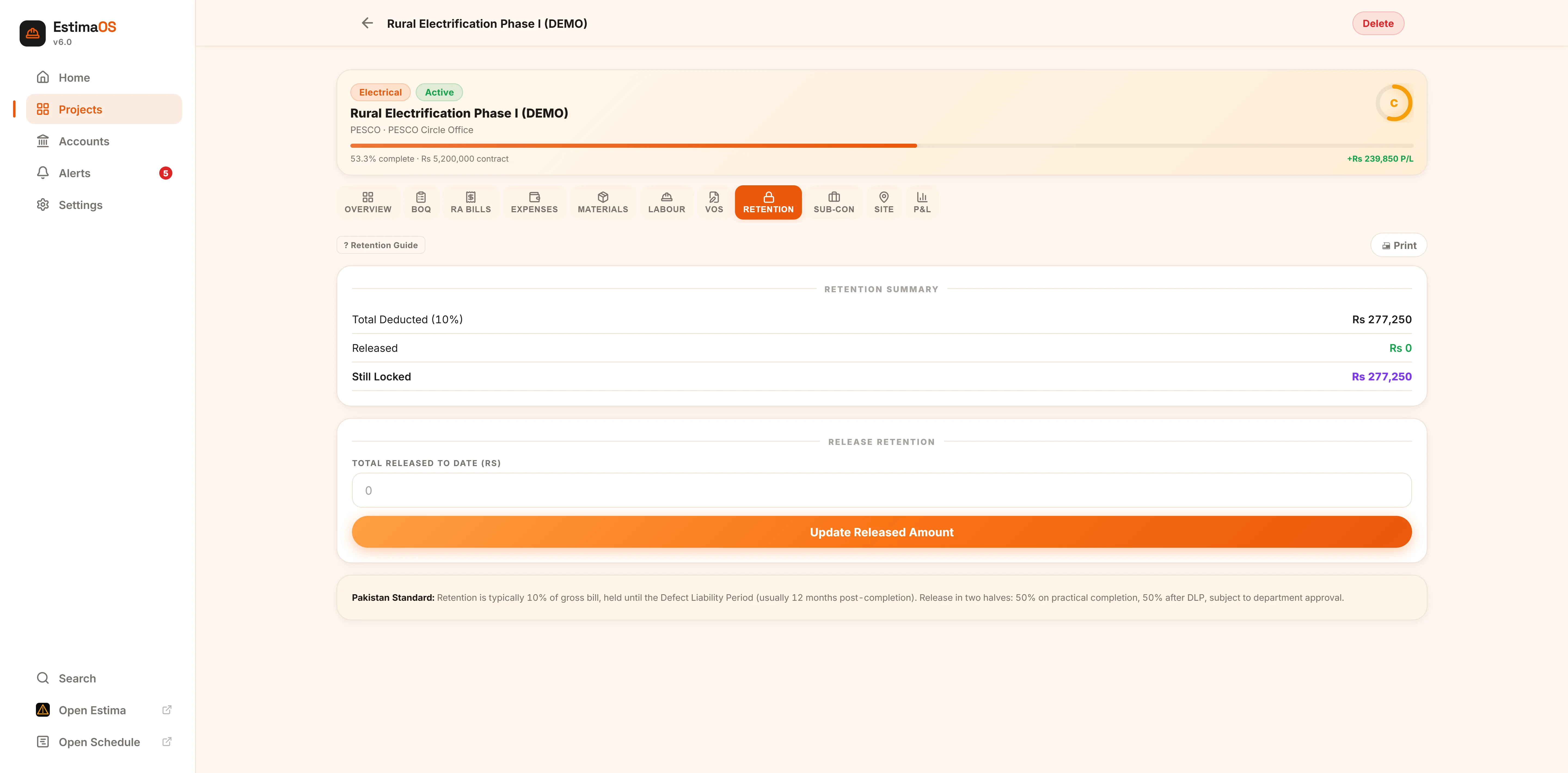 EstimaOS retention screen showing amount withheld, released and locked