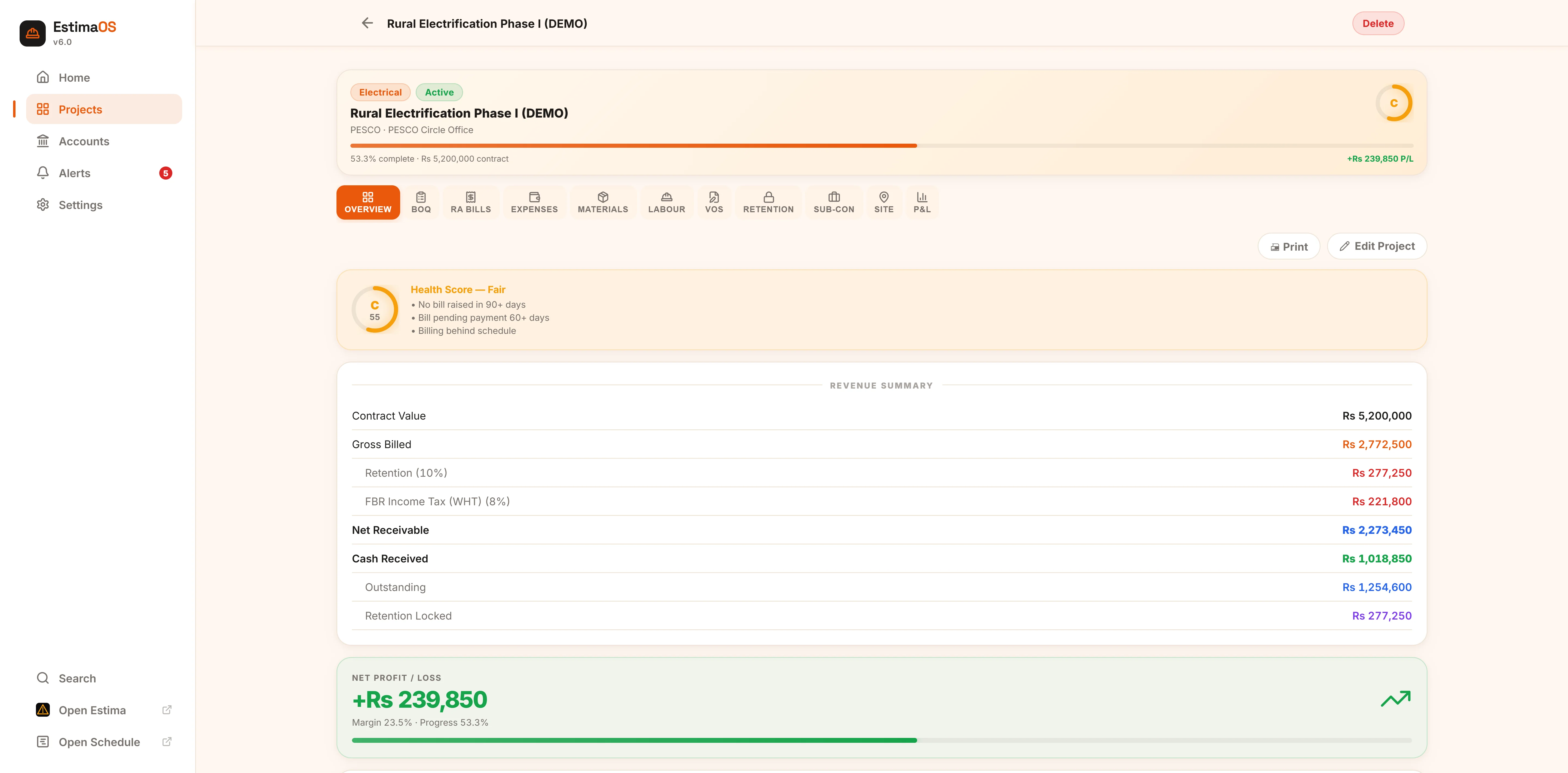 EstimaOS project overview screen with health score ring and revenue summary