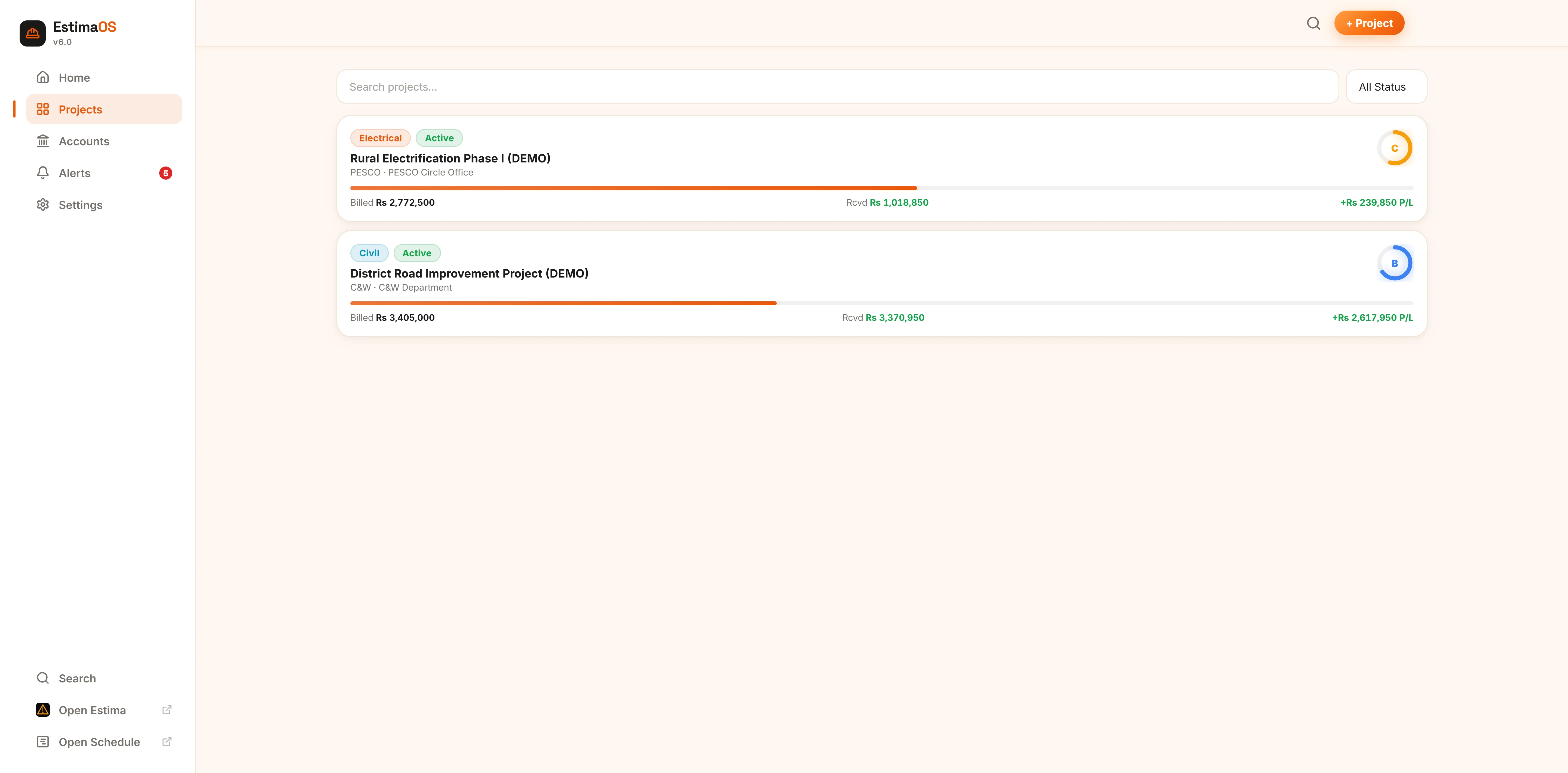 EstimaOS projects list with billing progress and profit/loss per project