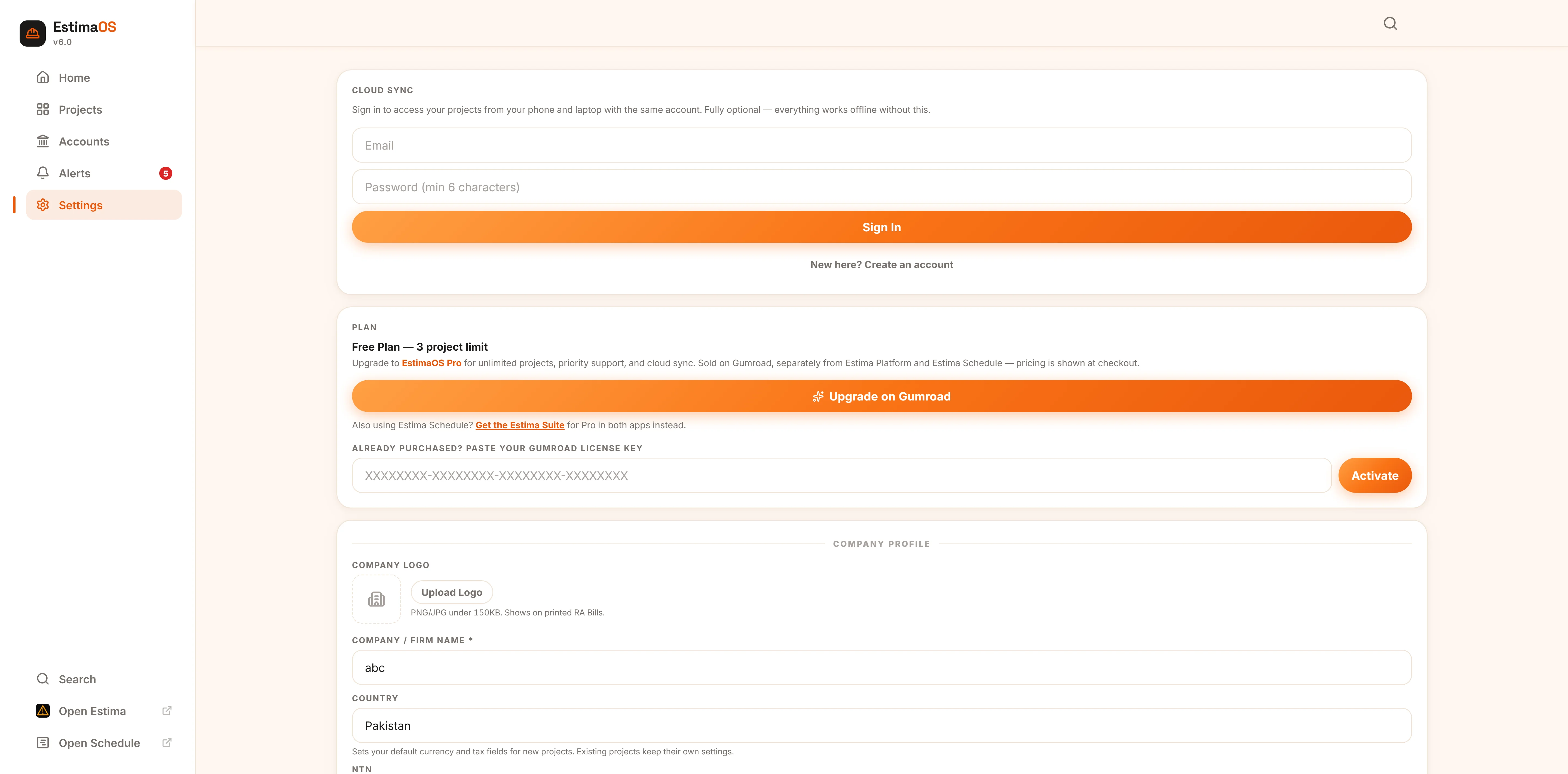 EstimaOS company profile settings screen