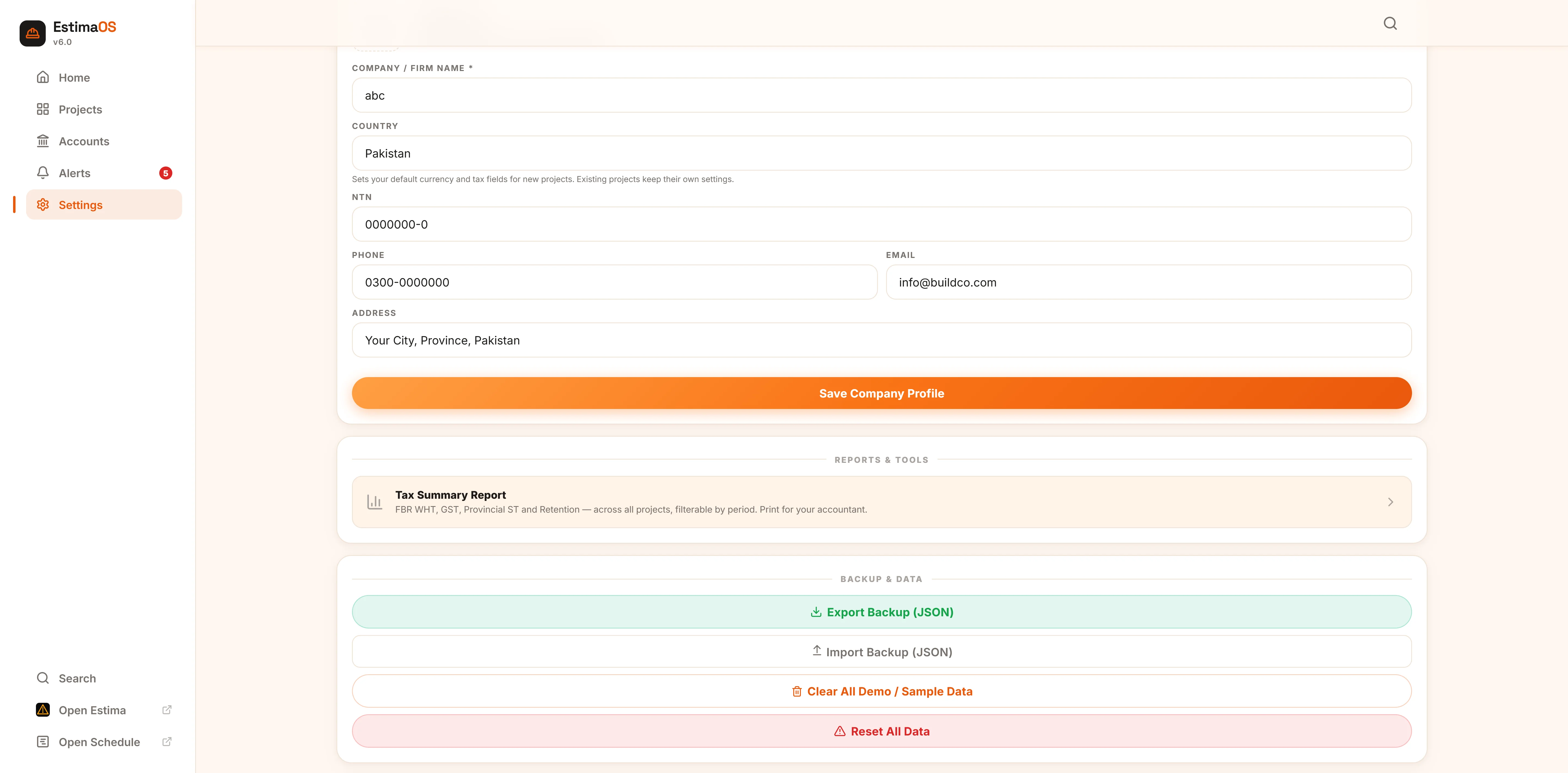 EstimaOS plan and Pro upgrade settings