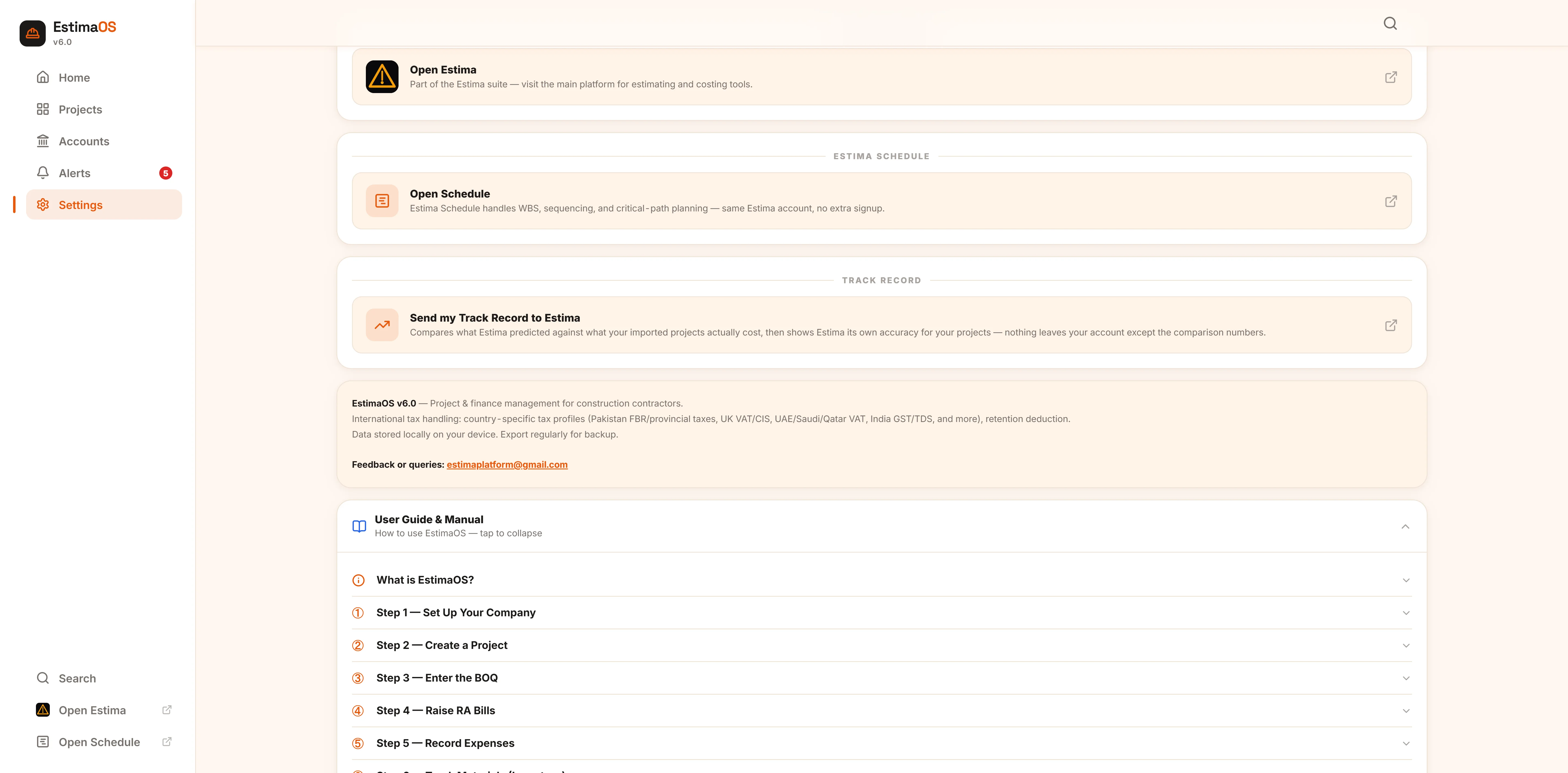 EstimaOS backup and data export settings