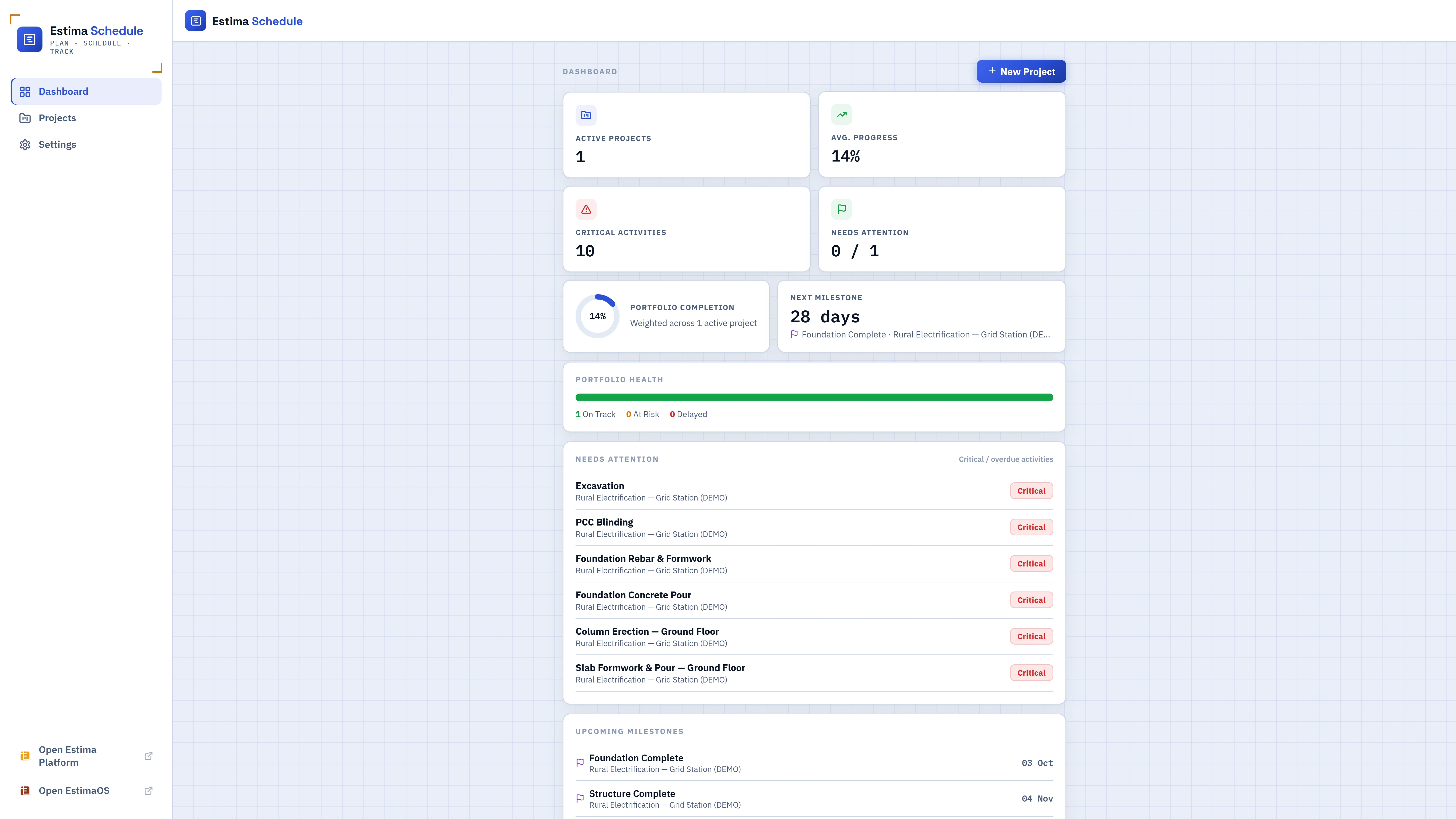 Estima Schedule portfolio dashboard showing active project health, critical activities, and upcoming milestones