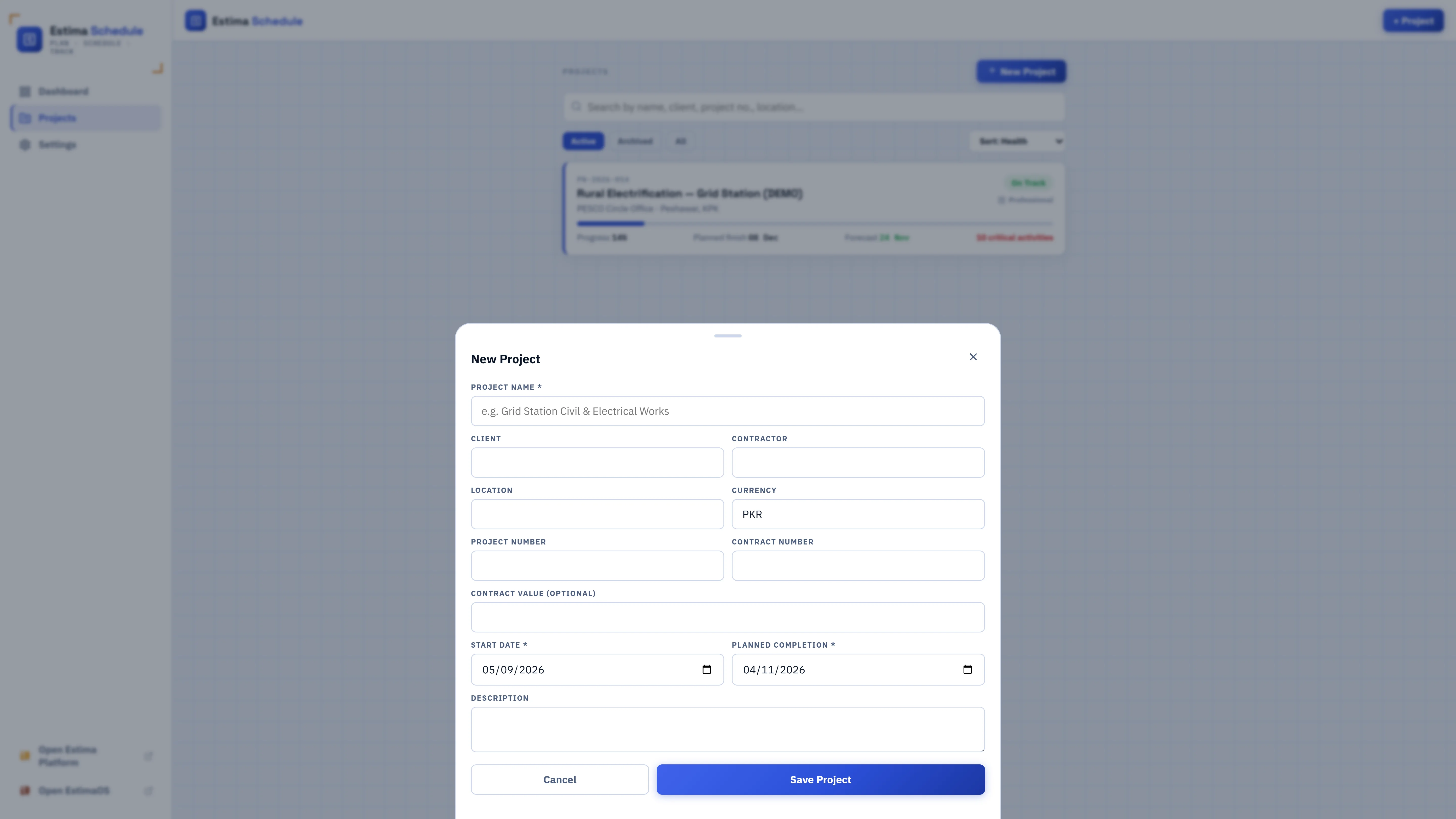 Creating a new project in Estima Schedule