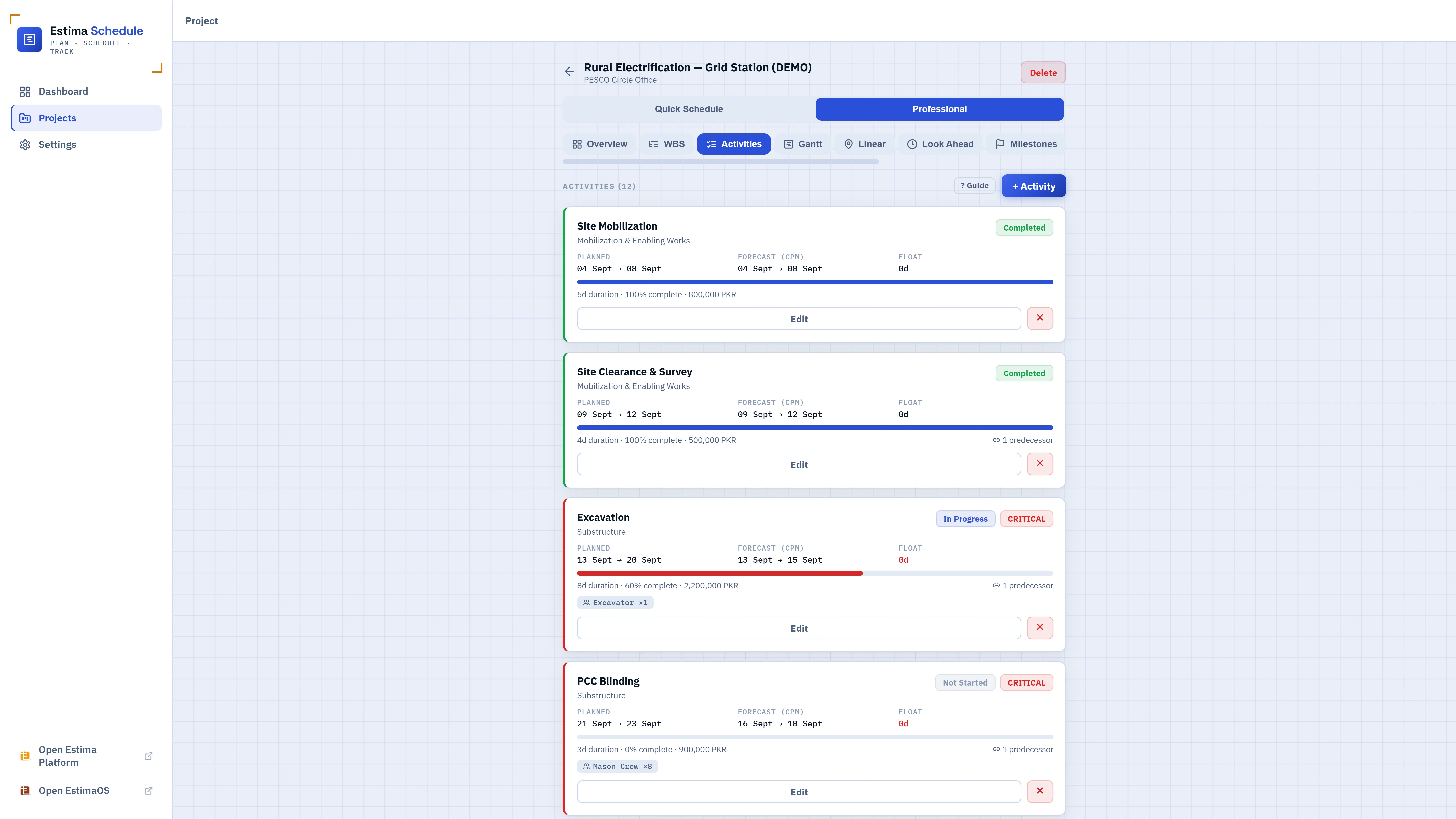Estima Schedule activities list with status, duration, and float