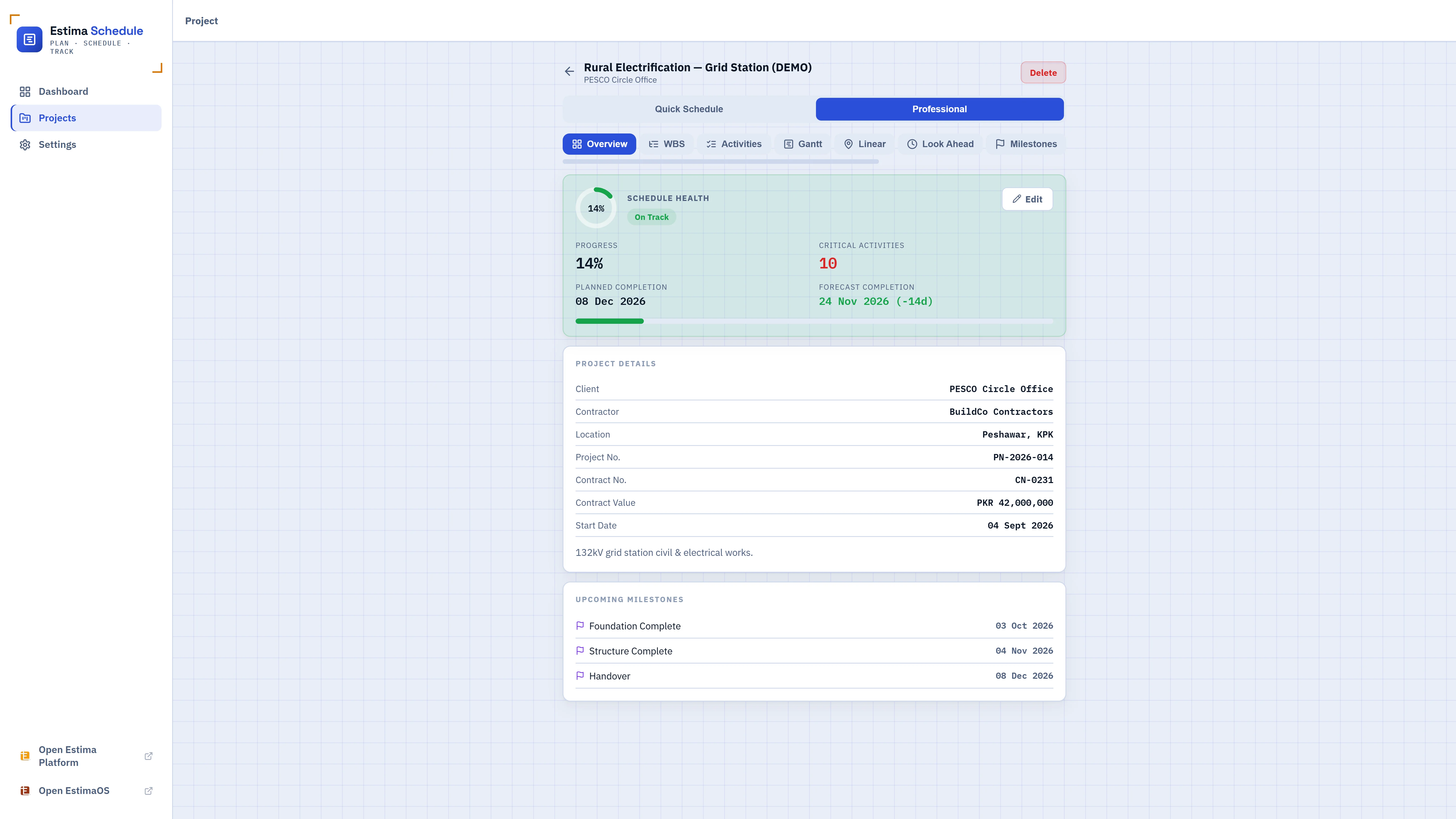 Estima Schedule project overview with schedule health and progress ring