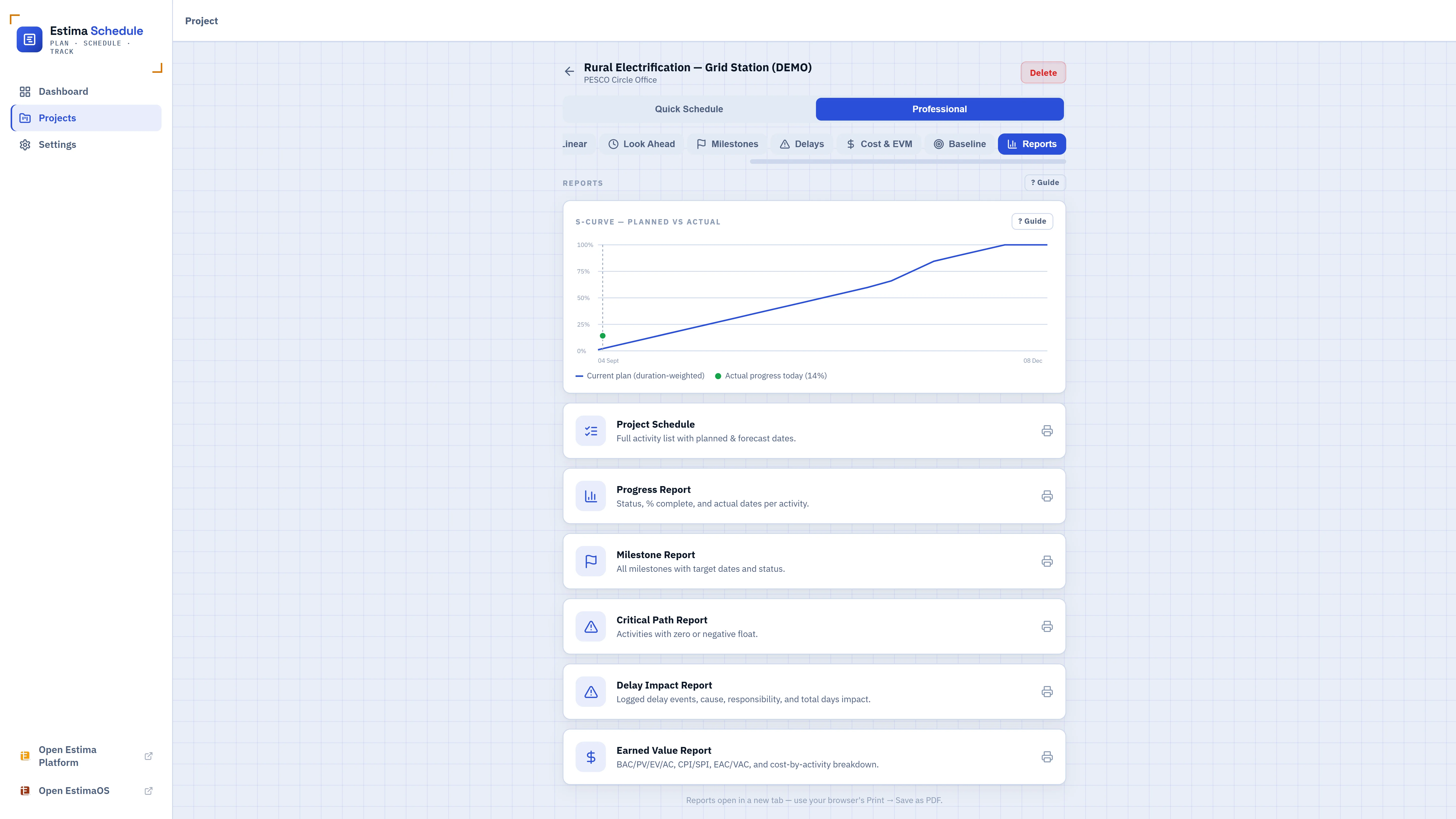 Estima Schedule printable reports list