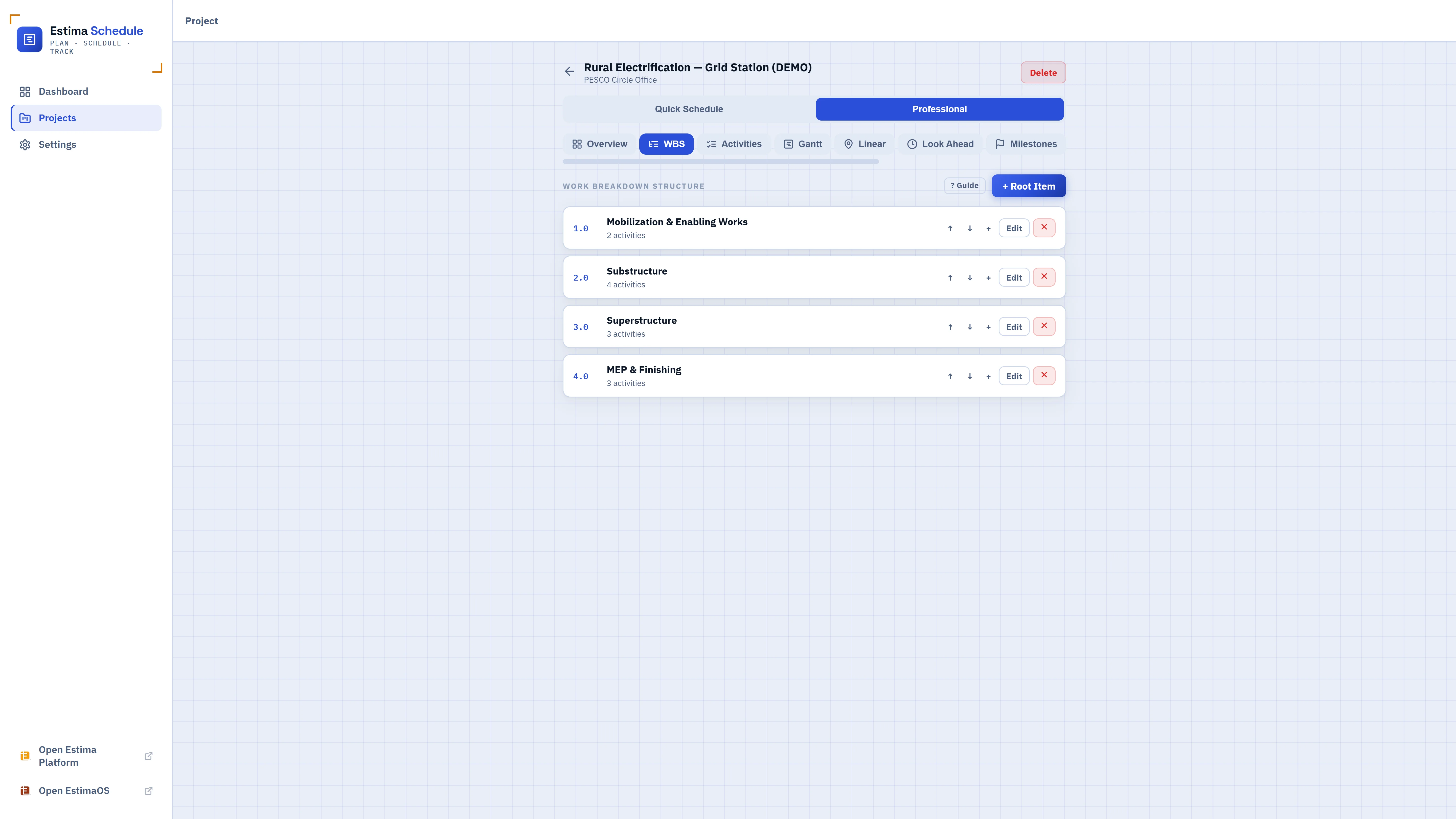 Estima Schedule Work Breakdown Structure with nested phases and activity counts