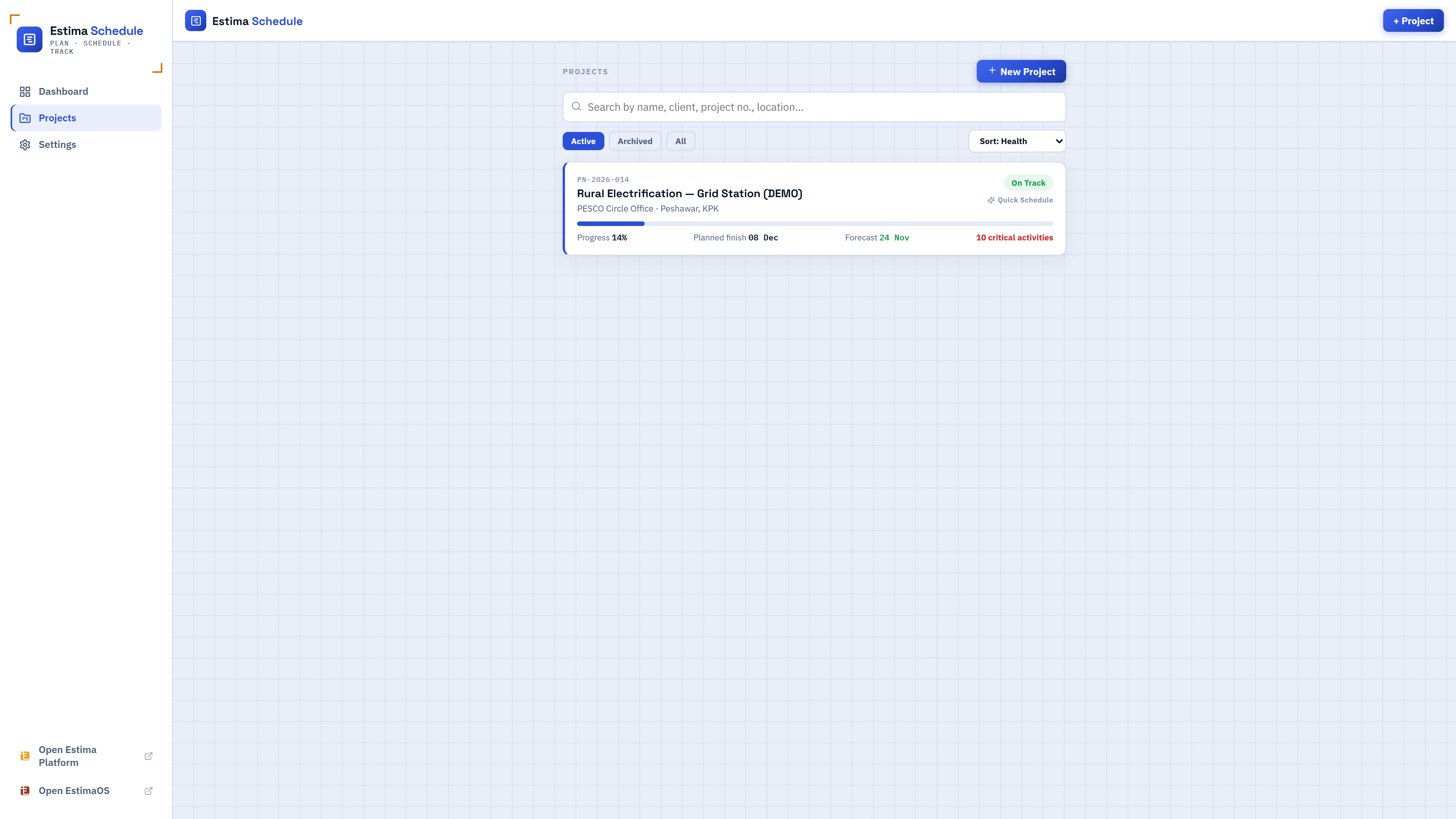 An Estima Schedule project open in professional mode