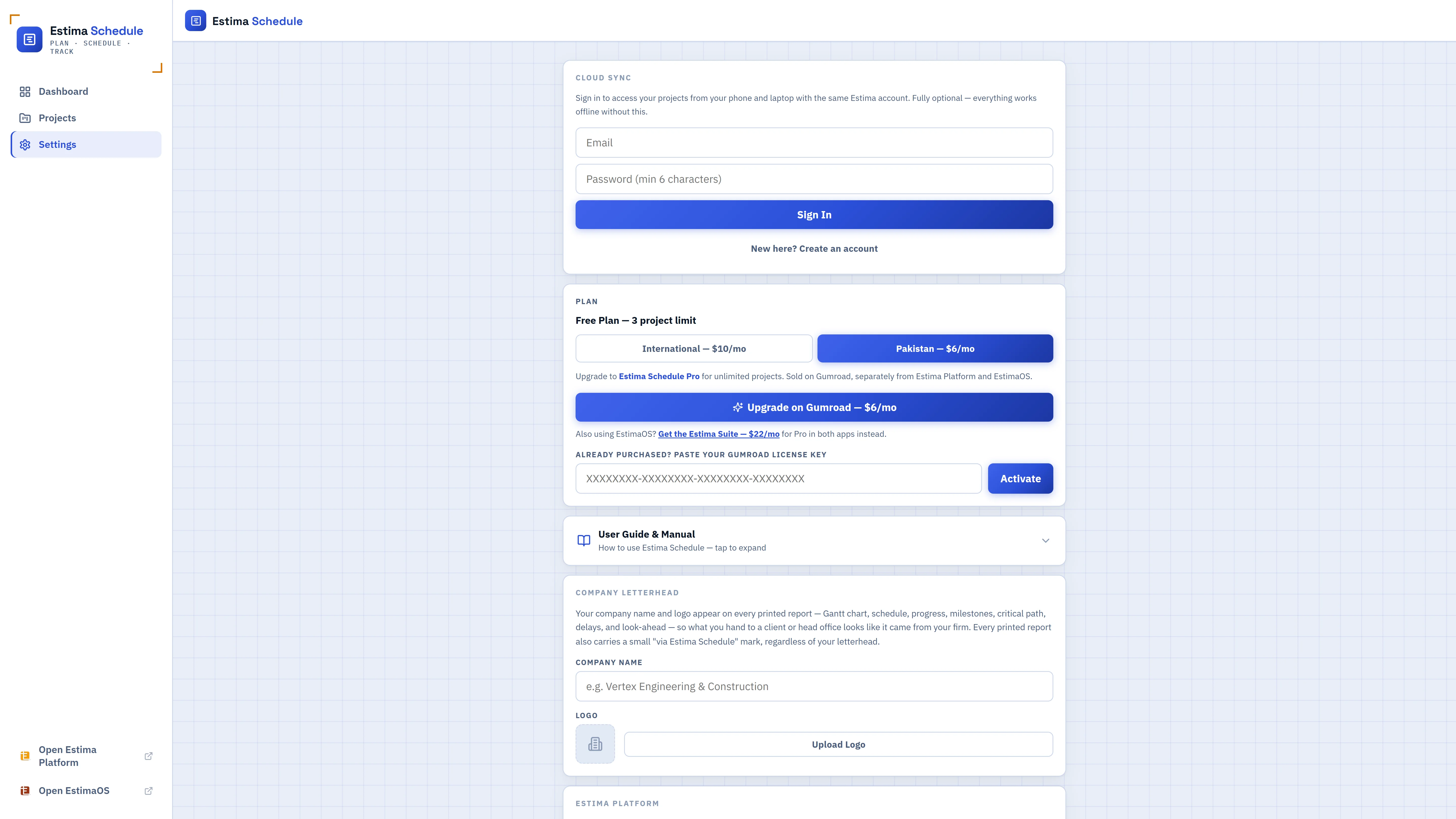 Estima Schedule settings screen with company letterhead and cloud sync