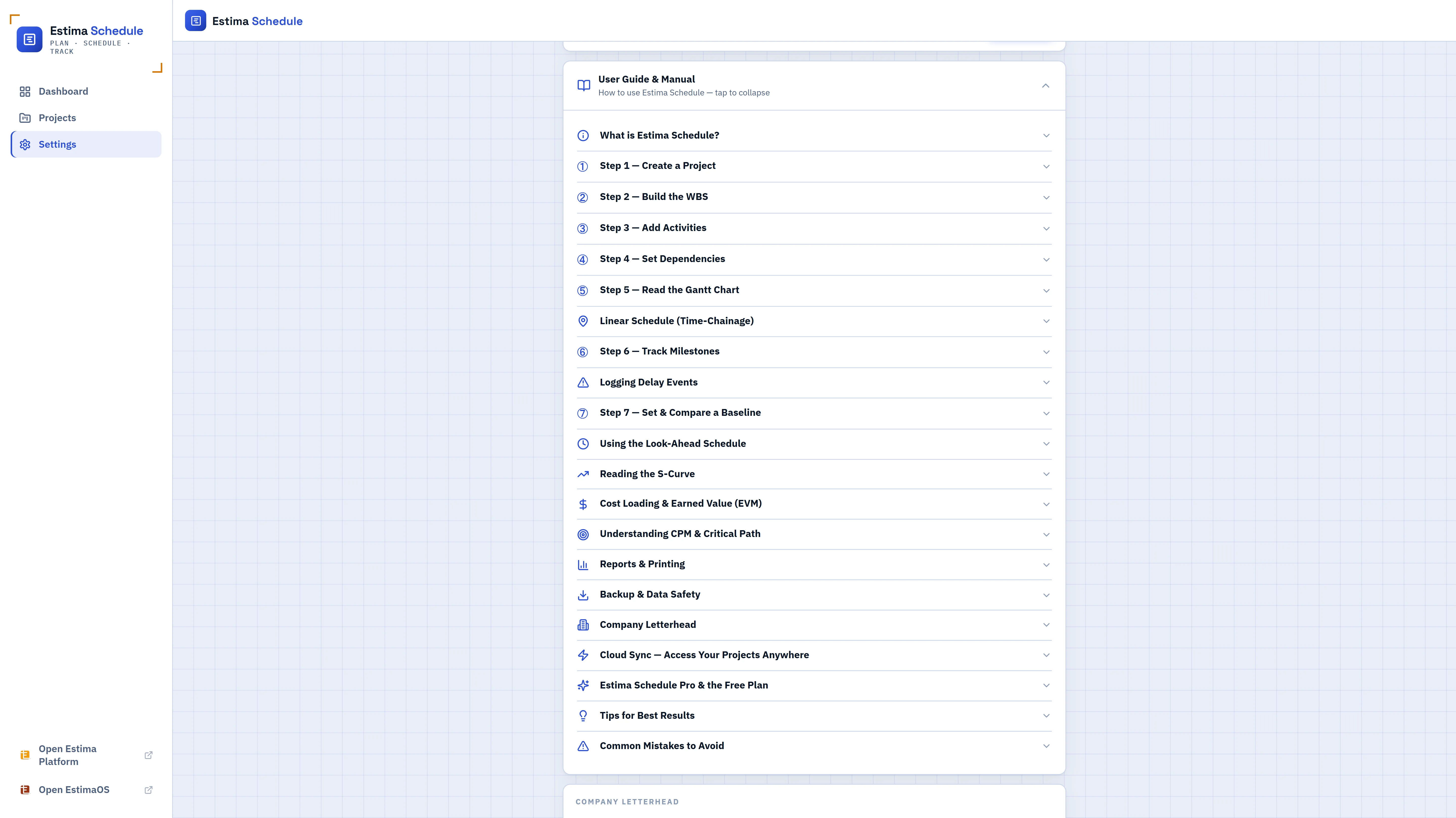 Estima Schedule Pro plan and backup settings